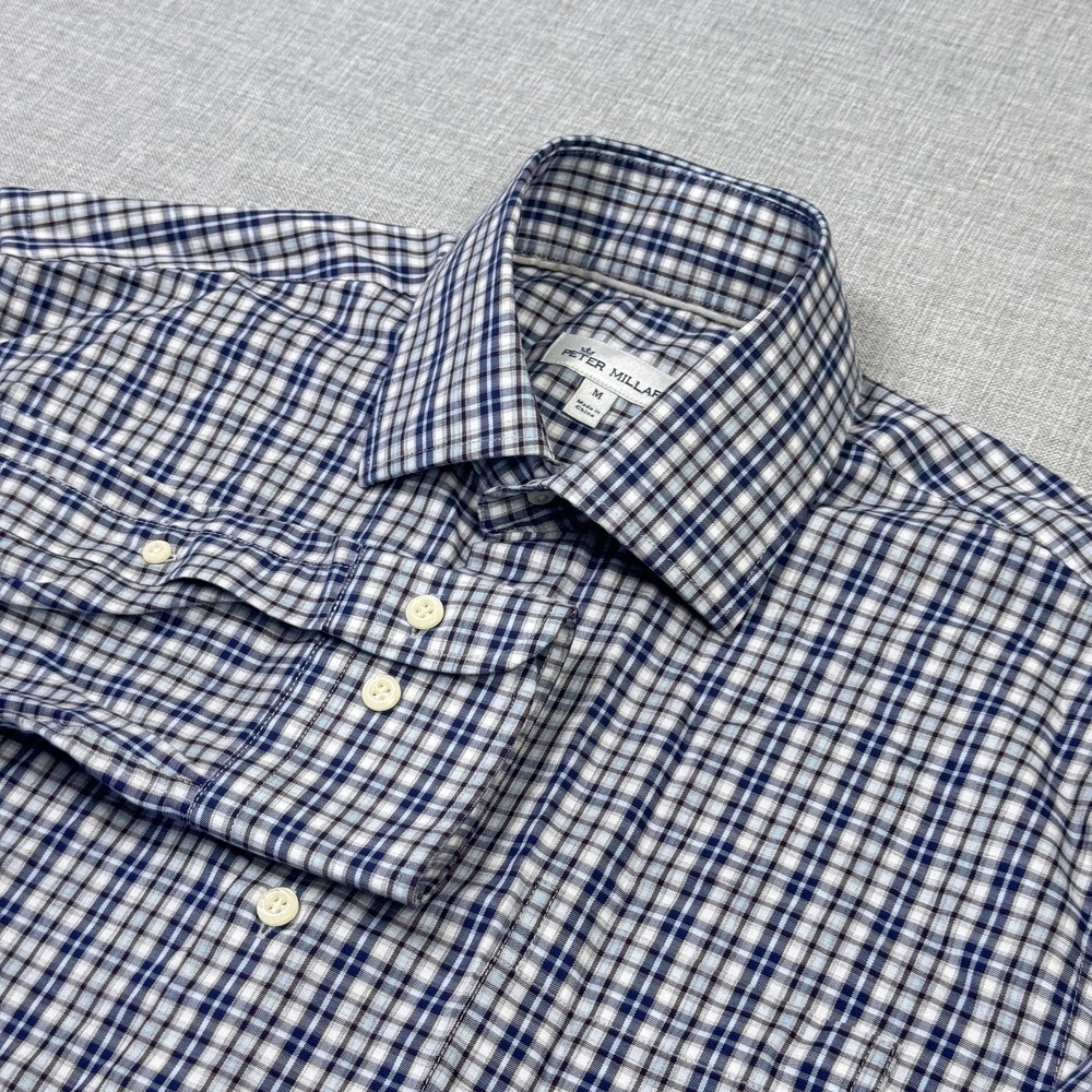 Peter Millar Button-Up Shirt Mens M Blue Long Sleeve Check Cotton Collared
